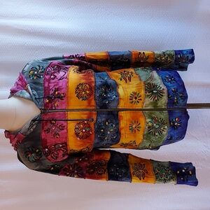 KPC Women's Jacket Hooded Boho Hippie Color Block Painted Front Zipper TieDye M